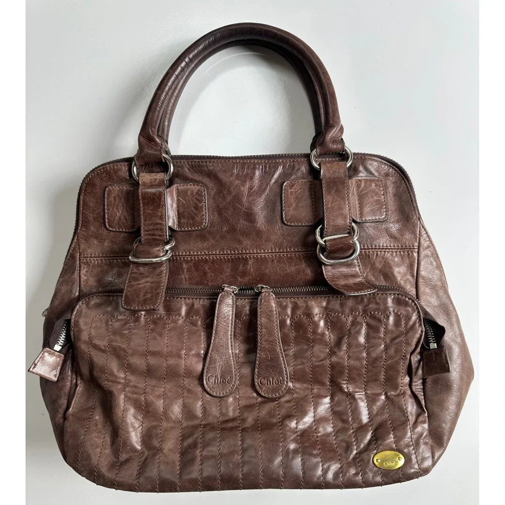 Chloe Bay Brown Leather Quilted Satchel Handbag L Distressed READ NEEDS REPAIRS